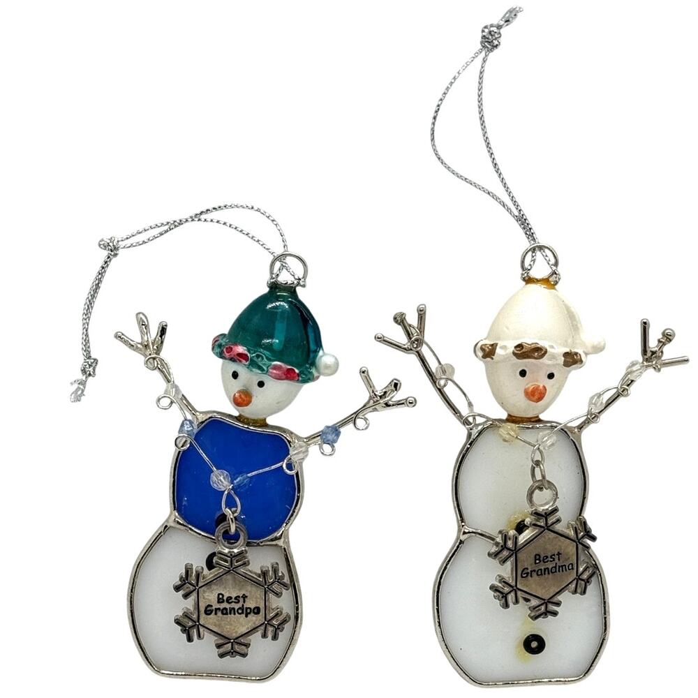 Ganz Best Grandpa Grandma Stained Glass Snowman Ornament Set with Charms